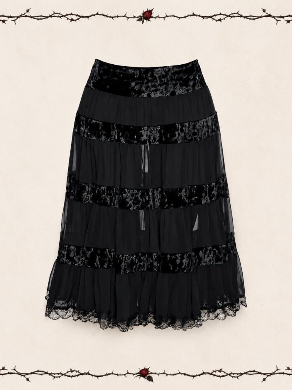 Dolls Kill Widow Gothic Black Sheer Chiffon & Velvet Paneled Midi Skirt w Lace L